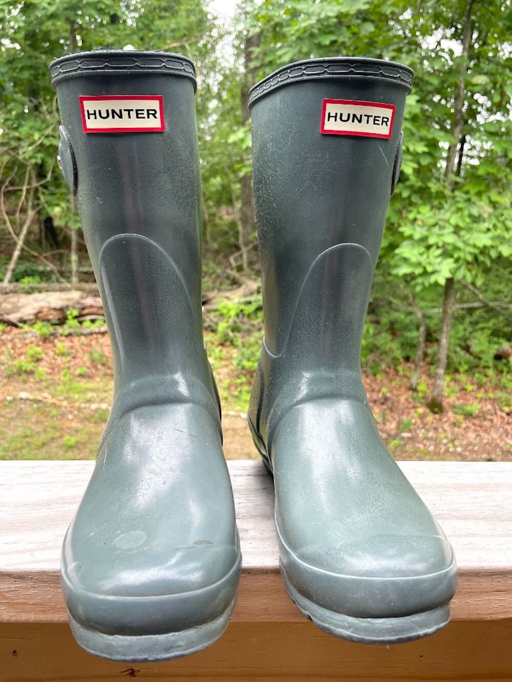 Hunter Womens Original Short Gloss Wellies Slate Green Sz 8 Rain Boots